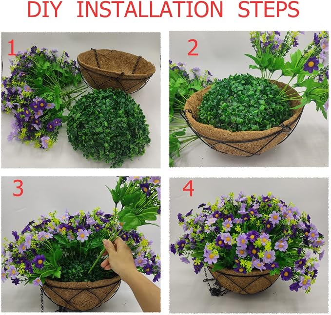 Artificial Hanging Flowers with Basket,Fake Daisy Flowers in 12 inch Coconut Lining Hanging Baskets for The Decoration of Courtyard, Indoors, and Outdoors(Purple)