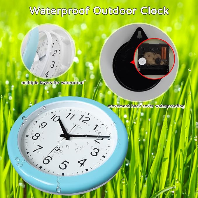 OCEST 12 Inch Sealed Indoor Outdoor Clock Waterproof, Silent Battery Operated Wall Clocks Decor for Patio Pool Porch Garden (Blue)