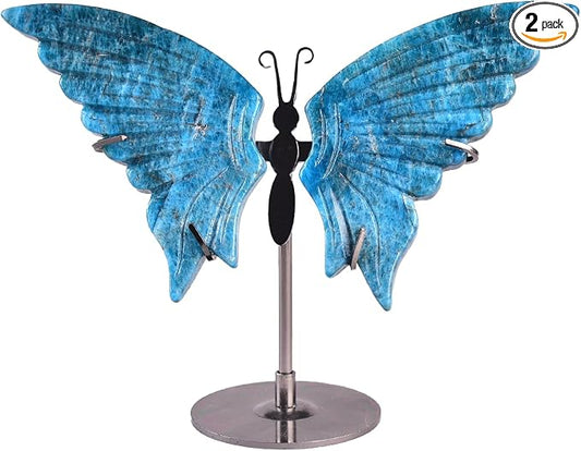 JIC Gem Large Blue Apatite Quartz Crystals Butterfly Figurine Decorative Stones Natural Rocks Healing Crystal Carved Angel Wings with Display Decor Reiki Gifts (1pair, 10cm)