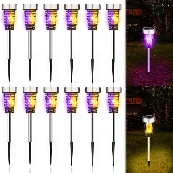Qualirey 12 Pack Solar Bug Zapper Outdoor Waterproof Mosquito Repellent Killer Bug Zapper Lamp with LED Light for Outdoor Garden Patio Yard (Purple and Flame Light,Silver)