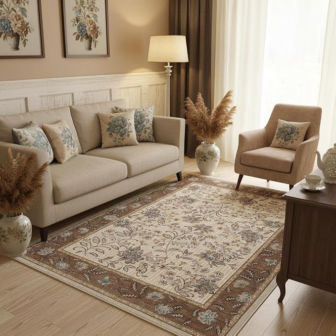 GarveeHome 5x7 Area Rug Brown Washable Rugs for Living Room Bedroom | Non Slip Soft Low Pile French Country Floor Mat Botanical Floral Print Throw Rug Indoor Carpet Dining Room Playroom