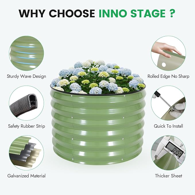 INNO STAGE 3 Pcs Round Galvanized Raised Garden Bed — 2×2×1.4ft Planter Box Outdoor Raised Beds Kit for Gardening Vegetables, Fruits, Herbs, and Flowers, Olive Green