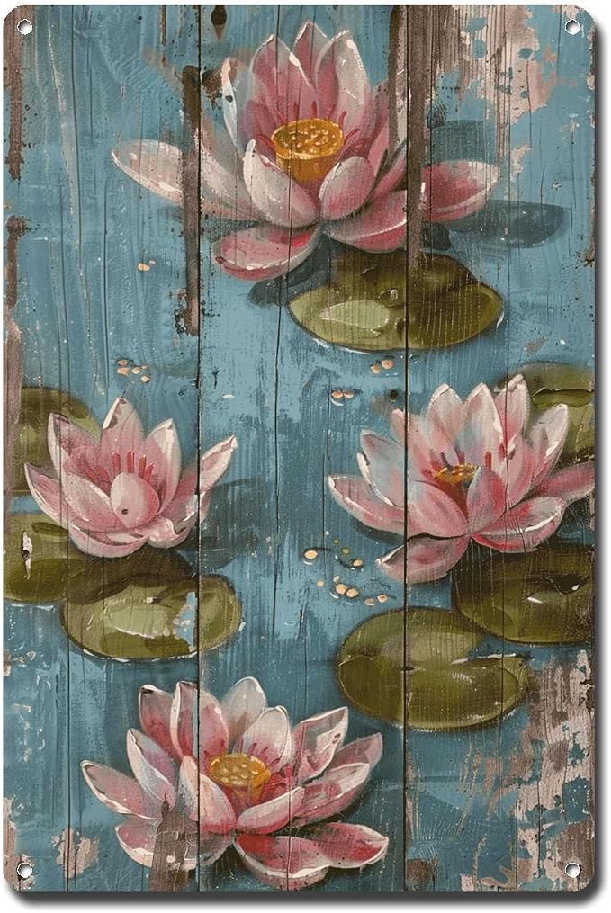 Metal Sign Tin Sign Vintage Wall Art Vintage Tranquil Water Lilies Tin Sign for Shabby Chic Interiors Rustic Elegance and Corrosion Re Bathroom Decor for Restaurant 8×12 Inches