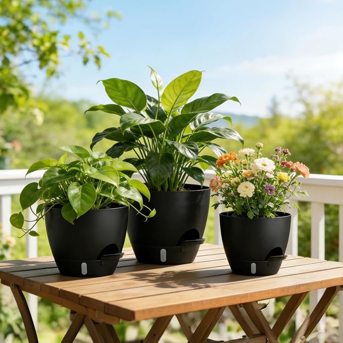 Plant Pots, 4 Pack 12/10/9/8 Inch Self Watering Pots with Drainage Holes, Water Level Indicator Deep Reservoir, Large Planters for Indoor Outdoor Plants - Black