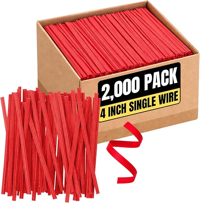 Red Twist Ties, Bread Tie, 4" x 3/16" Paper with Single Wire 2000 Pack