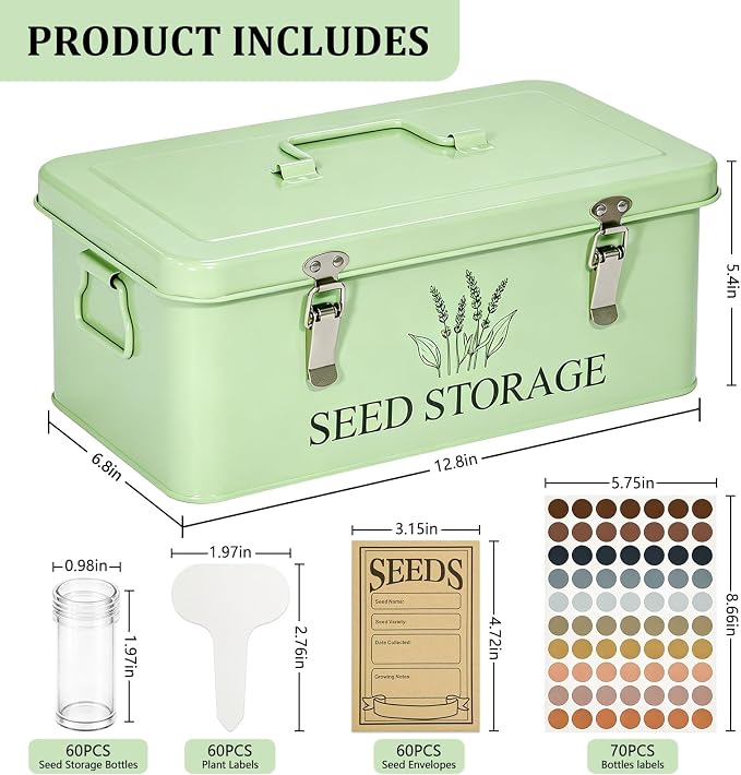 60-Slot Metal Seed Storage Organizer Box, Seed Saving Box | 3 Compartments Organization, 60 Seed Envelopes & Labels, Seed Packet Storage, for Flower Vegetable Seeds, Garden Organizer