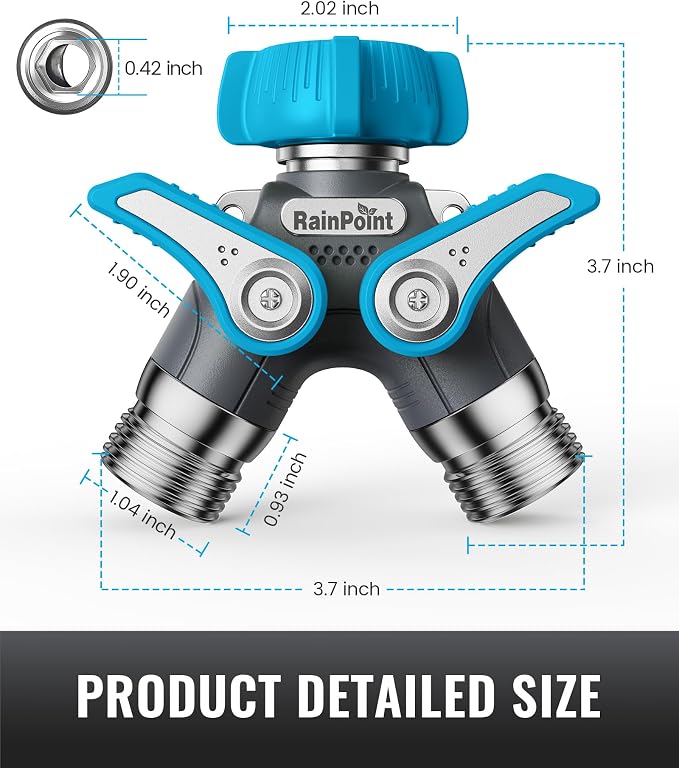 RAINPOINT Garden Hose Splitter, 2 Way Heavy Duty Water Hose Y Spigot Splitter with Shutoff Valves, 100% Metal Body Outdoor Faucet Splitter, 1.9" Extra Long Metal Handle, 3/4" GHT Thread (2, Green)