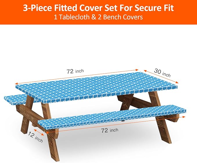 6ft Picnic Table and Bench Cover, Camping Essentials RV Gear, 72 in Waterproof Windproof Outdoor Elastic All Around Tablecloth, Fitted Rectangle Tables and Seats, Blue-White Moroccan