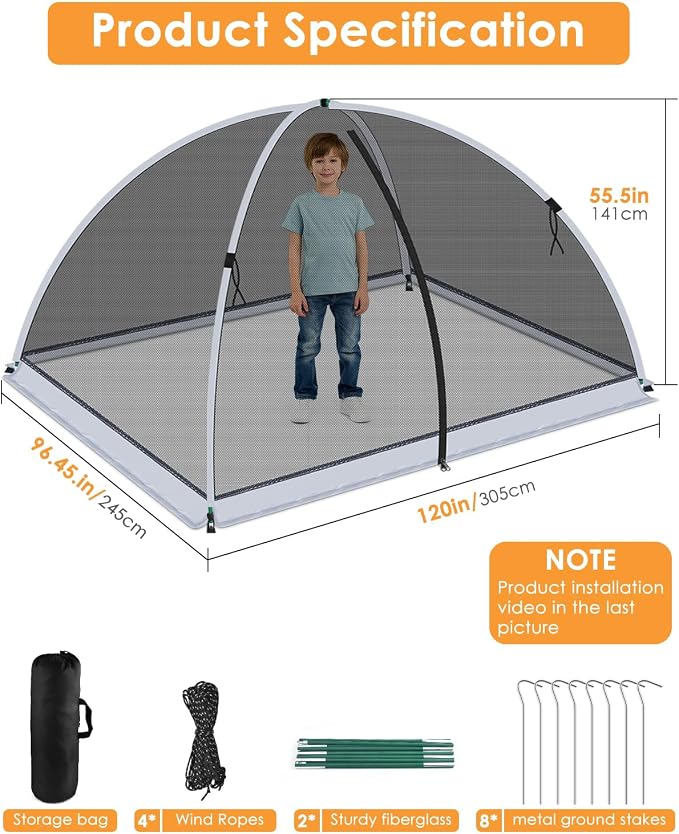 8 * 10ft Pond Cover Dome,Garden Pond Net Pond Mesh Tent with Ropes, Stakes and Fiberglass Poles, Pond and Garden Cover Protective Tent Dome Netting for Pond Pool and Garden
