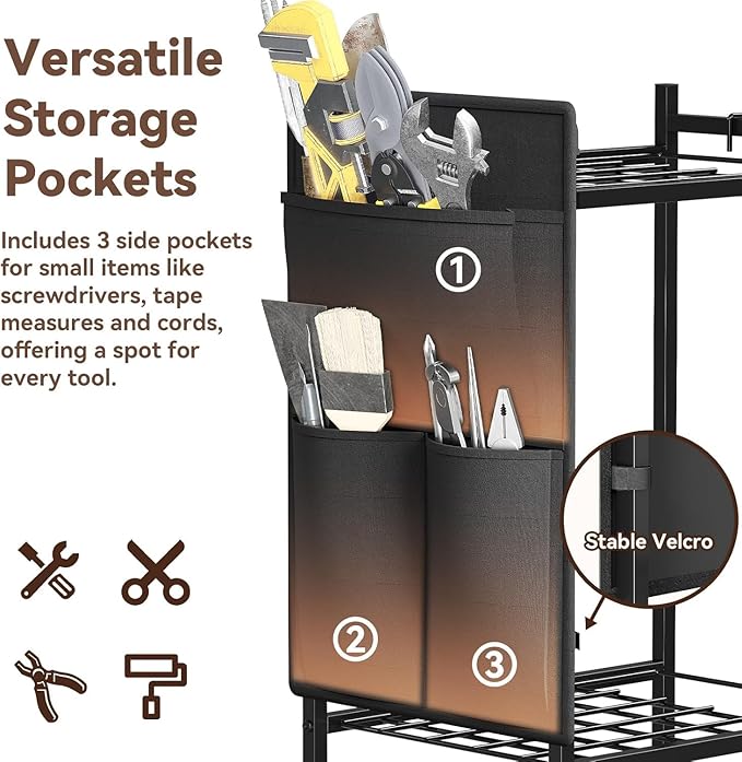 Garden Tool Organizer with Wheels, Rolling Yard Tool Tower Rack Carts for Garage Organization with Large Tool Bags with Pockets, Up to 25 Long-Handled Tools/Rakes/Brooms for Shed, Outdoor, Black