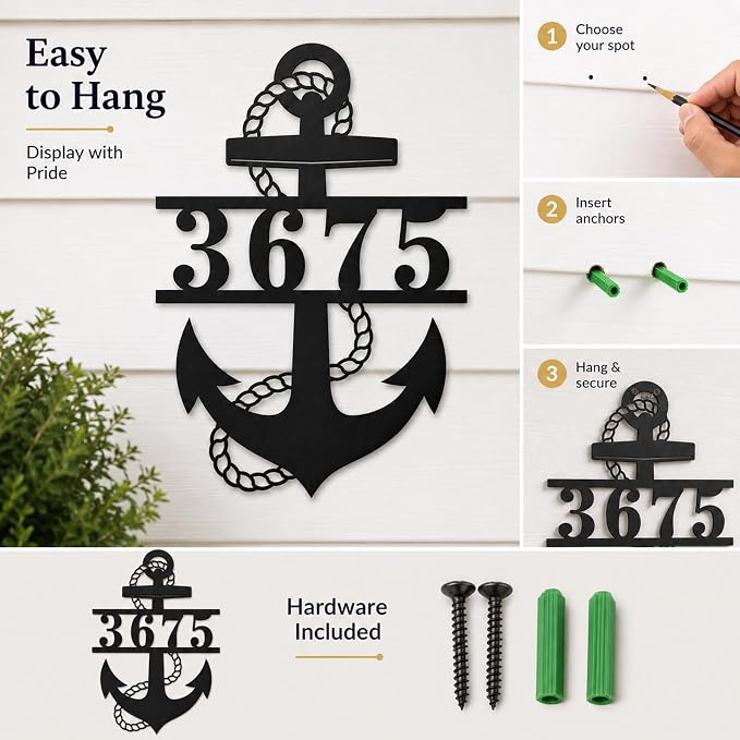 Personalized Anchor Address Sign Custom House Number Plaque Nautical Address Marker for Front Door Porch Patio Dock Beach House Lake House Coastal Outdoor Decor Gift