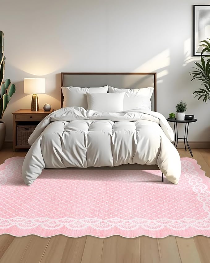 Garvee Washable Scalloped 5x7 Pink Area Rug for Girls Room | Lace Pink Rug for Bedroom Dorm, Washable Rugs 5x7 Soft Low Pile Non Slip Scalloped Rugs for Under Table Nursery Bedroom