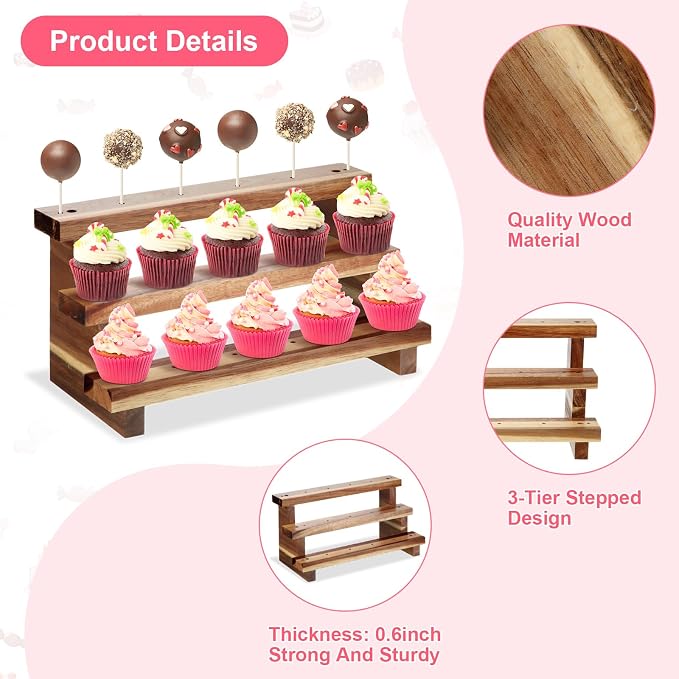Tuanse 2 Pack Wooden Cake Pop Stand 3 Tier Cake Pop & Lollipop Display Holder with 100 Treat Bags Lollipop Sticks and Gold Twist Ties for Dessert Table Wedding Baby Shower Birthday Party(Acacia Wood)