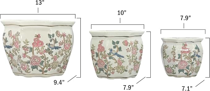 Galt International Multi Color Peony Round Fluted Floral Porcelain Ceramic Plant Flower Planter Pot Set of 3 (7.5", 10", 13") Garden Pots Chinese Asian Design Pink Blue Green