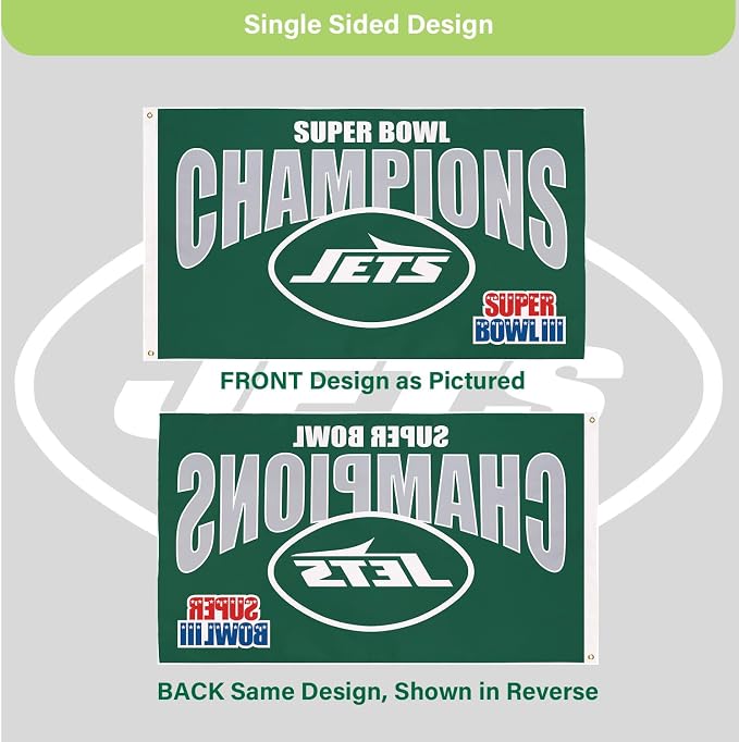 Team Sports America NFL New York Jets Multi-Win Superbowl Champions 3x5 Flag for Outside with Grommets | Outdoor & Indoor | Heavy Duty Flag & Banner | Works with Flag Pole for Outside House