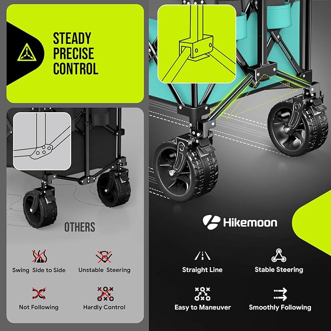 Hikemoon 300L Extra Large Wagons Carts Foldable, 560LBS Heavy Duty Collapsible Beach Wagon 48" Long with Big All-Terrain Wheels, Utility Folding Cart for Camping, Sports, Garden, Turquoise