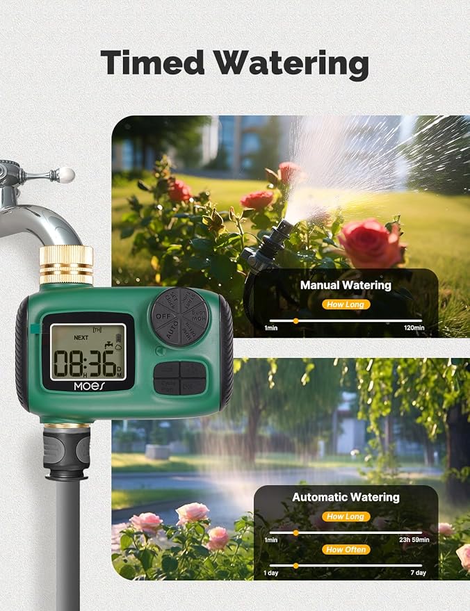 MOES Sprinkler Timer, Brass Inlet & Outlet, Programmable Automatic Irrigation Controller, Rain Delay, Manual Watering, 1 Zone Water Hose Timers for Gardens, Lawns, Hose Systems