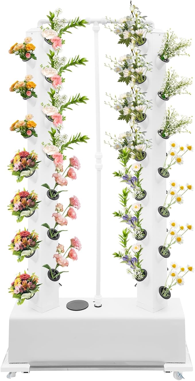 Hydroponics Growing System Kit 2 Tower 56 Pods Vertical Garden Tower Garden Growing System with Timer, Wheels, Indoor Hydroponic Planter for Vegetable, Fruit, Flower (White, 56 Pods)