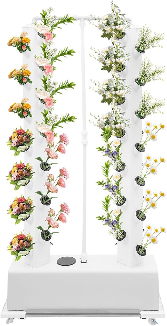 Hydroponics Growing System Kit 2 Tower 56 Pods Vertical Garden Tower Garden Growing System with Timer, Wheels, Indoor Hydroponic Planter for Vegetable, Fruit, Flower (White, 56 Pods)