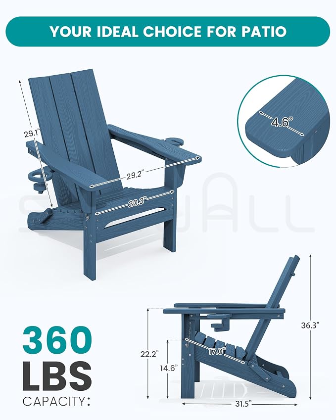 SERWALL Modern Folding Adirondack Chair Set with 9 Ft Umbrella, Folable Adirondack Chairs Set of 2 with Cup Holders, HDPE Fire Pit Chairs for Patio Lawn Garden, Blue (Umbrella Base is not Included)