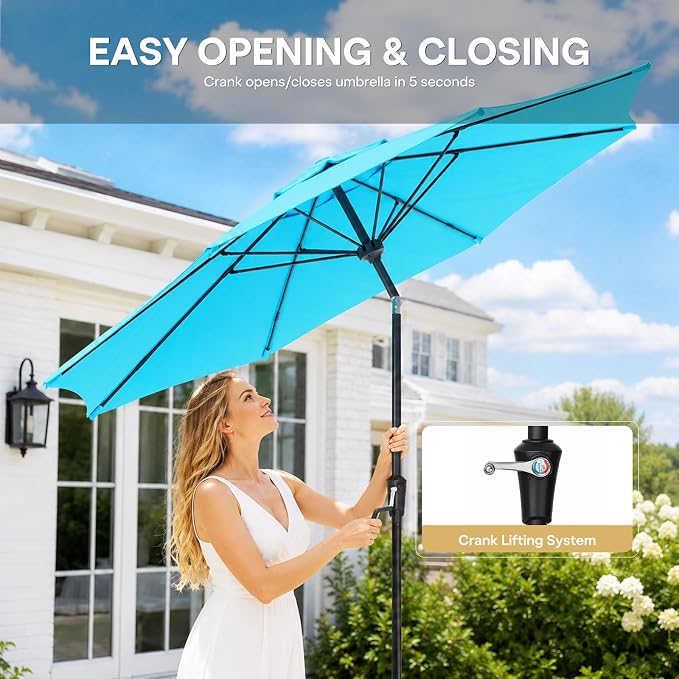 Sannwsg 9/10 FT Patio Umbrella Outdoor with 8 Premium Fiberglass Ribs, Push Button Tilt and Crank, UV Protection Table Market Umbrella for Pool, Porch, Garden, Deck, Backyard, Outside