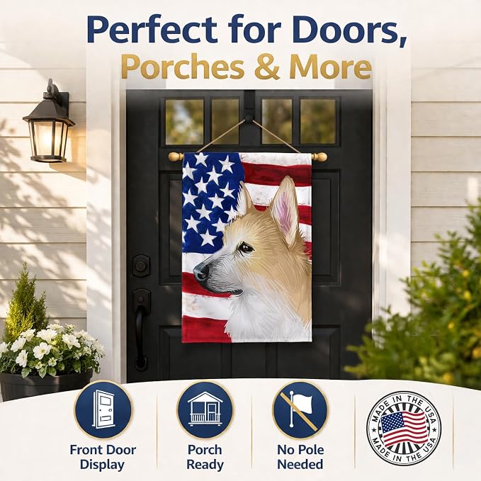 Caroline's Treasures CK6630CHF Norwegian Buhund Dog American Flag House Flag Large Porch Sleeve Pole Decorative Outside Yard Banner Artwork Wall Hanging, Polyester, House Size, Multicolor