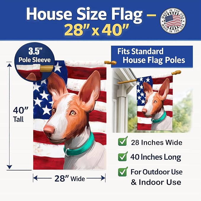 Caroline's Treasures CK6565CHF Ibizan Hound Dog American Flag House Flag Large Porch Sleeve Pole Decorative Outside Yard Banner Artwork Wall Hanging, Polyester, House Size, Multicolor
