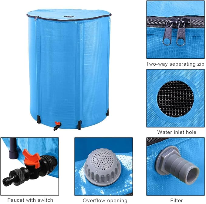 100 Gallon Collapsible Rain Barrel, Portable Rainwater Collection System, Water Storage Tank, Rain Catcher Barrel with Spigots and Overflow Kit, Rainwater Barrels Collector for Garden, Blue
