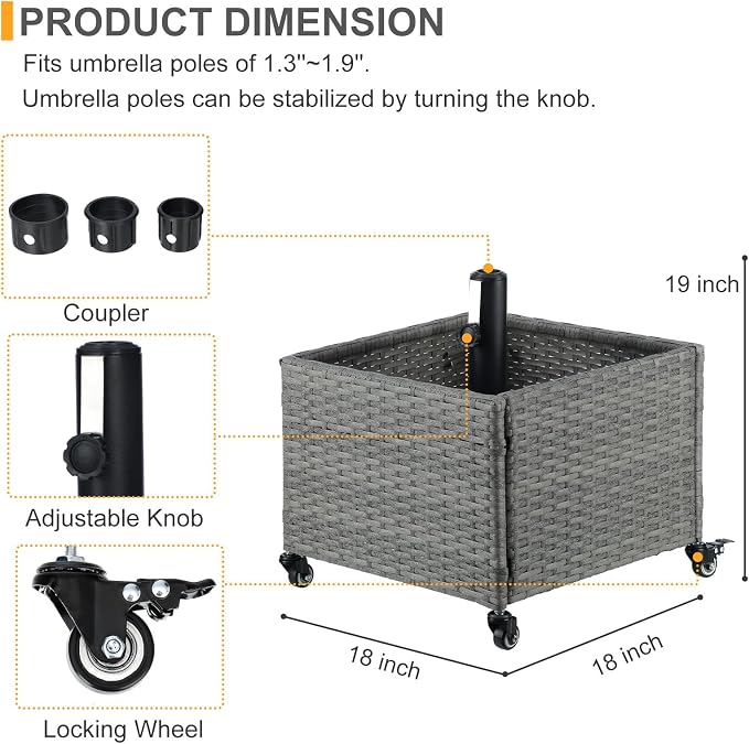 SUNNYPARK Umbrella Base with Wheels and Fillable Planter 2 in 1 | 120lbs Capacity, Heavy Duty, Hand Woven Rattan Style, Portable Decorative Umbrella Stand for Garden Backyard Deck Poolside