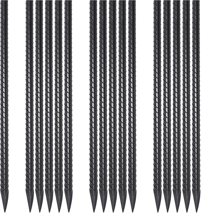 Rebar Stakes 18 Inch Heavy Duty 1/2 Inch Dia Steel Ground Anchors 16 Pack | Straight Landscape Timber Spikes with Chisel Point End for Plant Support, Concrete Form and Fence, Black