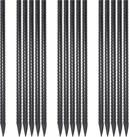 Rebar Stakes 18 Inch Heavy Duty 1/2 Inch Dia Steel Ground Anchors 16 Pack | Straight Landscape Timber Spikes with Chisel Point End for Plant Support, Concrete Form and Fence, Black