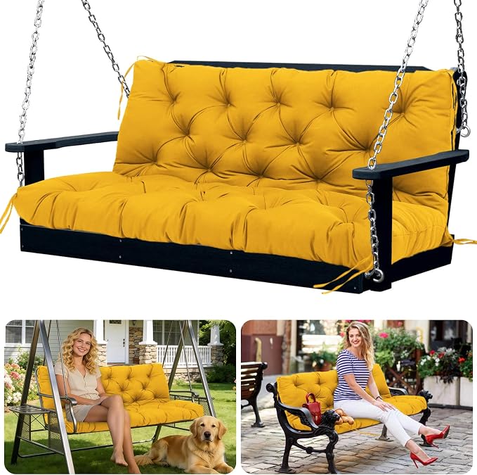 Porch Swing Cushions 3 Seater Replacement Thicken 5" Waterproof & Fade Resistant Swing Cushions for Outdoor Furniture Bench Patio Swing Cushion with Backrest & Ties(Yellow 55x40x5inch)