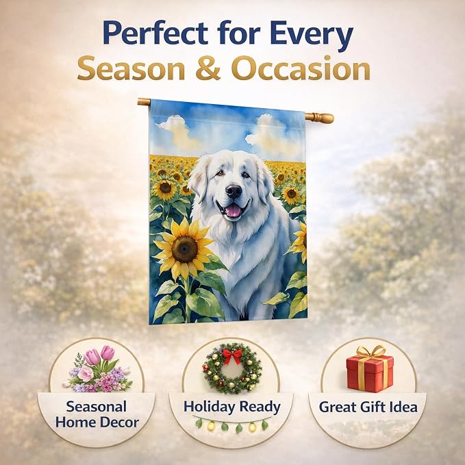 Caroline's Treasures DAC6093CHF Great Pyrenees in Sunflowers House Flag Large Porch Sleeve Pole Decorative Outside Yard Banner Artwork Wall Hanging, Polyester, House Size, Multicolor