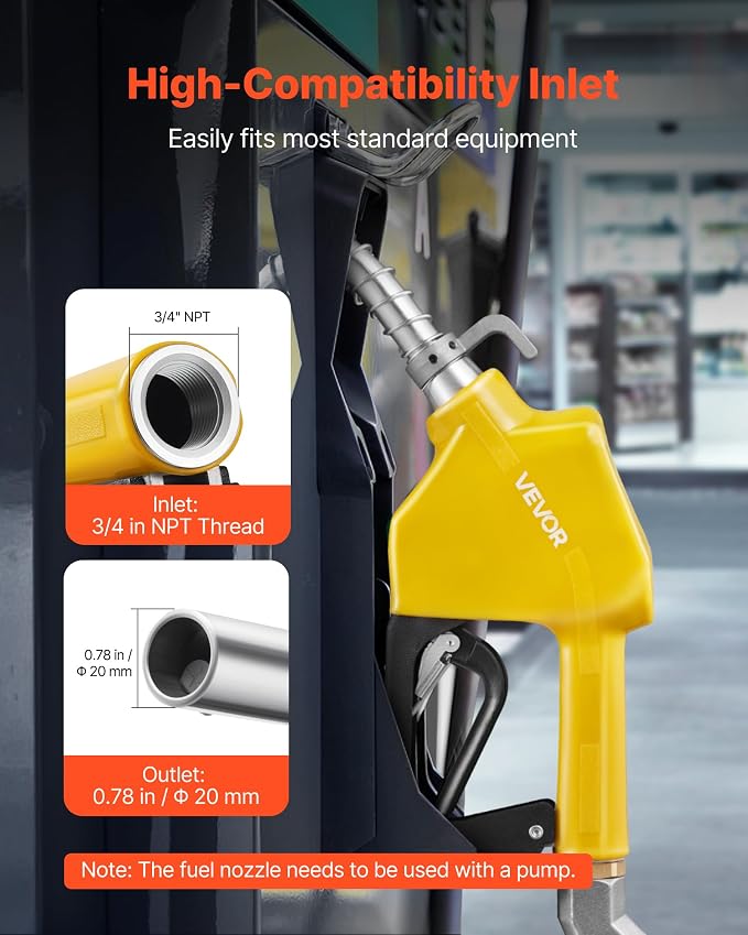 VEVOR 3/4-Inch NPT Automatic Fuel Nozzle, Max Flow Rate 11.8 GPM, Auto Shut Off Diesel Gas Pump Nozzle with 3-Speed Trigger Lock & 0.78 in (OD=20 mm) Spout for Gasoline, Diesel, Kerosene, Yellow
