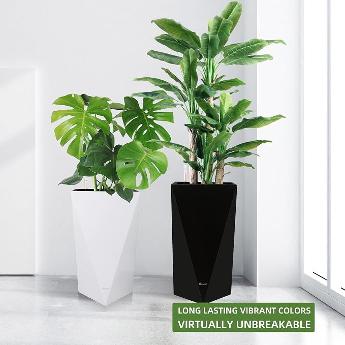 Dexceder 24 Inches Self Watering Tall Planter (Black) | Diamond High Gloss, Thickened Rhombus Large Floor Standing Flower Plant Pot with Water Level Indicator Indoor Outdoor