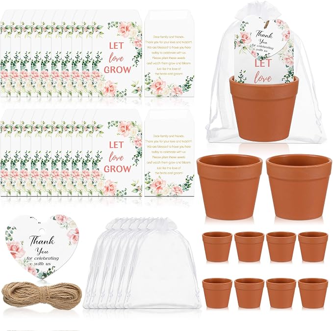 Ctosree 50 Sets Let Love Grow Wedding Favors for Guests Self Adhesive Seed Packets (Seed Not Include) Terracotta Flowerpot Thank You Tags and Organza Gift Bags for Bridal Shower Wedding Party Favors
