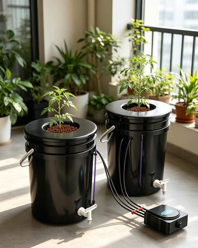 2 Buckets 5 Gallon DWC Hydroponic System, Built-in Drain Tap, Top Drip Kit with 12W 4-Outlet Air Pump, Rockwool, Clay Pebbles & Air Stones for Tomato Pepper Large Indoor Plants