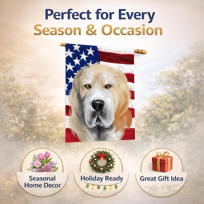 Caroline's Treasures CK6483CHF Central Asian Shepherd Dog American Flag House Flag Large Porch Sleeve Pole Decorative Outside Yard Banner Artwork Wall Hanging, Polyester, House Size, Multicolor