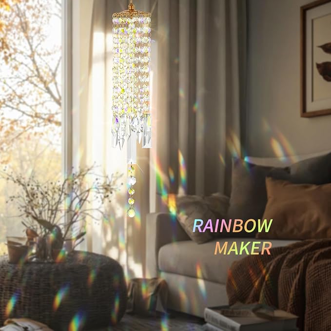 Crystal Wind Chimes Rainbow Suncatcher for Window, Garden, Patio | K9 Crystal Suncatcher, 22 Inches, Creates Rainbows Indoors/Outdoors, Ideal For Gifting, Rose Gold Hooks, Porch/Balcony
