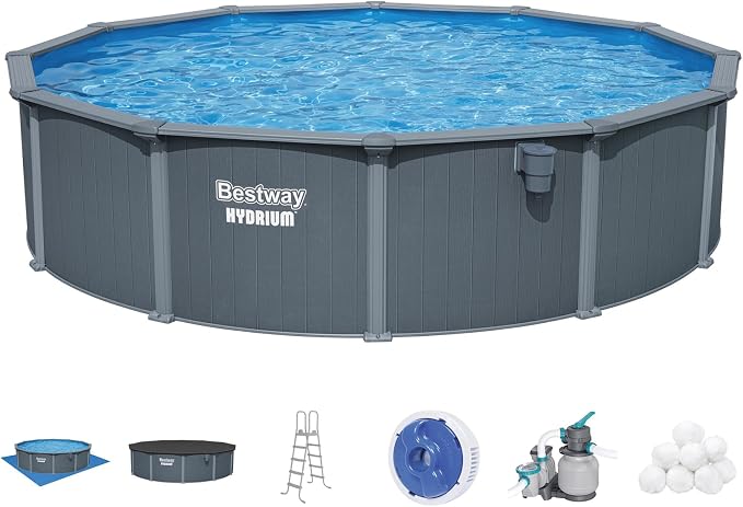 Bestway Hydrium 18' x 52" Steel Side Wall Above Ground Pool with Pump | Semi-Permanent All-Season Pool, Galvanized Steel Frame - Sand Filter Pump, Ladder, and Polysphere Filtration Balls Included