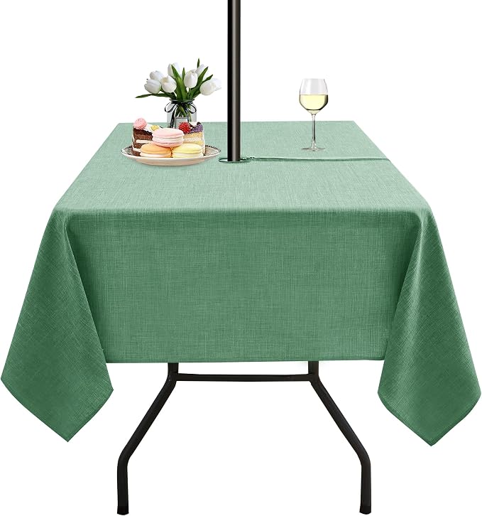 LUSHVIDA Outdoor Tablecloth with Umbrella Hole - Patio Table Cloth Zippered Square 60x60 Inch, Sage Green Linen-Look Polyester Table Cover Water Resistant for Picnic Outside