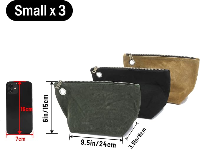 Heavy Duty 16oz Waxed Canvas Tool Storage Bags, Standable One-Piece Tool Organization Pouch - 3 Pack Pouches with Brass Zipper & Grommet (Small)