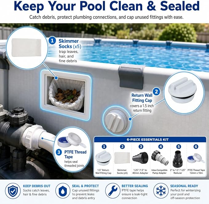 Pool Plumbing & Fittings Kit - Return Cap, Skimmer Socks (5), Hose Adapters (1.25", 1.5", 2", 40mm), Universal Above Ground Pool Pump Adapter + PTFE Thread Tape, All-in-One Repair Set