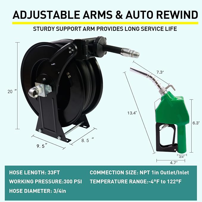 Fuel Hose Reel Retractable 3/4''X33ft w/Fuel Nozzle,Fuel Hose Swivel,Diesel Reel, Auto Spring Driven Hose Reel,300 PSI Industrial,Steel Construction Reel, NBR Rubber Hose