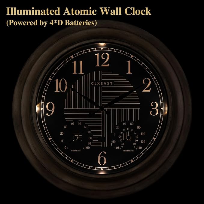 CLXEAST 24 Inch Self-Illuminated in/Outdoor Atomic Wall Clock with Temperature and Humidity, Oversized Large 24 Inch Wall Clocks for Living Room Decor, Brushed Grey Oak Finish