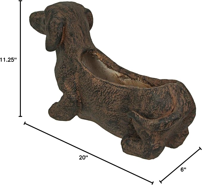 Whimsical Dachshund Dog Resin Planter: Rustic Brown Finish, Indoor-Outdoor Decor, 20 Inches Long, Weather-Resistant Succulent, Herb, and Flower Plant Pot