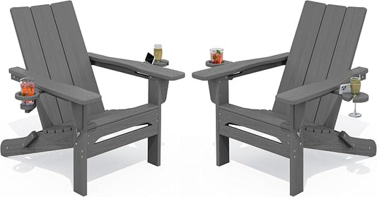 SERWALL Outdoor HDPE Adirondack Chair Set 2，Folding Adirondack Chair with Cup Holders, All Weather Resistant Modern Adirondack Chair, Gray