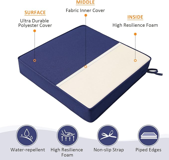 Square Corner Seat Cushions, 19" x 19" x 3", Set of 4, Indoor Outdoor Water Repellent Universal Chair Pads with Ties for Patio Furniture, Garden Deck Dining Chairs, Navy