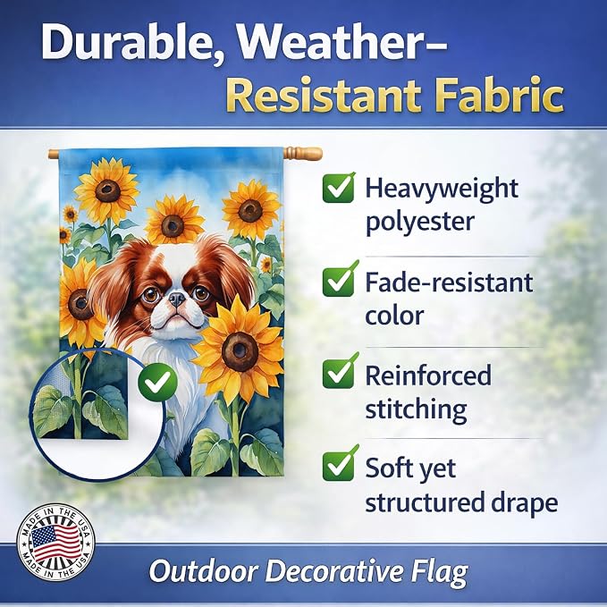 Caroline's Treasures DAC6104CHF Japanese Chin in Sunflowers House Flag Large Porch Sleeve Pole Decorative Outside Yard Banner Artwork Wall Hanging, Polyester, House Size, Multicolor