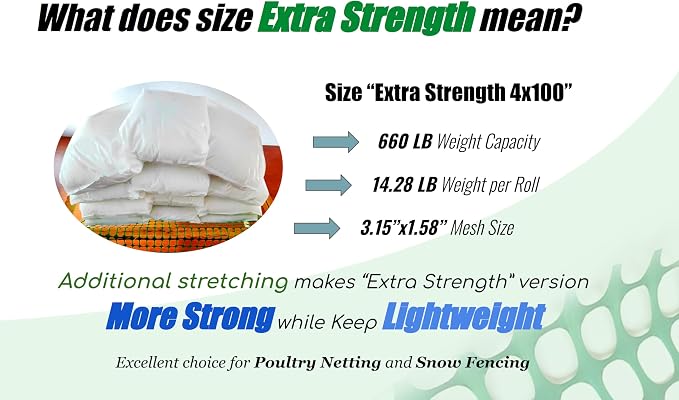 PotatoLife Plastic Mesh Fence Safety Fence, Extra Strength 4'x100' Roll with 100 Zip Ties, Resuable Temporary Netting for Garden Fencing, Construction, Snow Fencing, Animal Barrier, Poultry, Deer, Dog